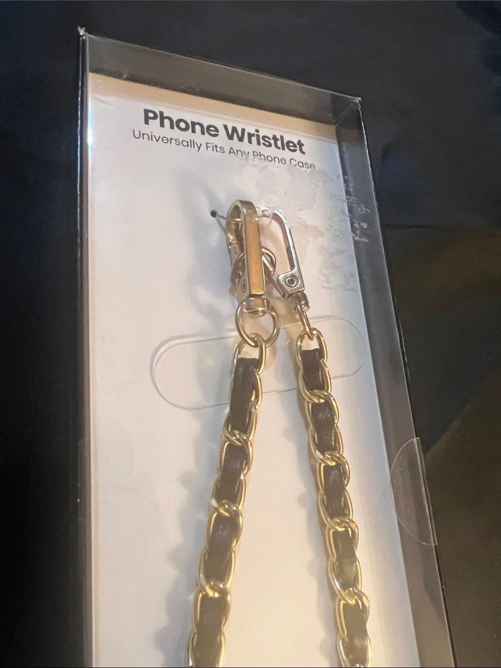 NIB Universal Phone Wristlet Golden Chain With Faux Black leather 12.5in